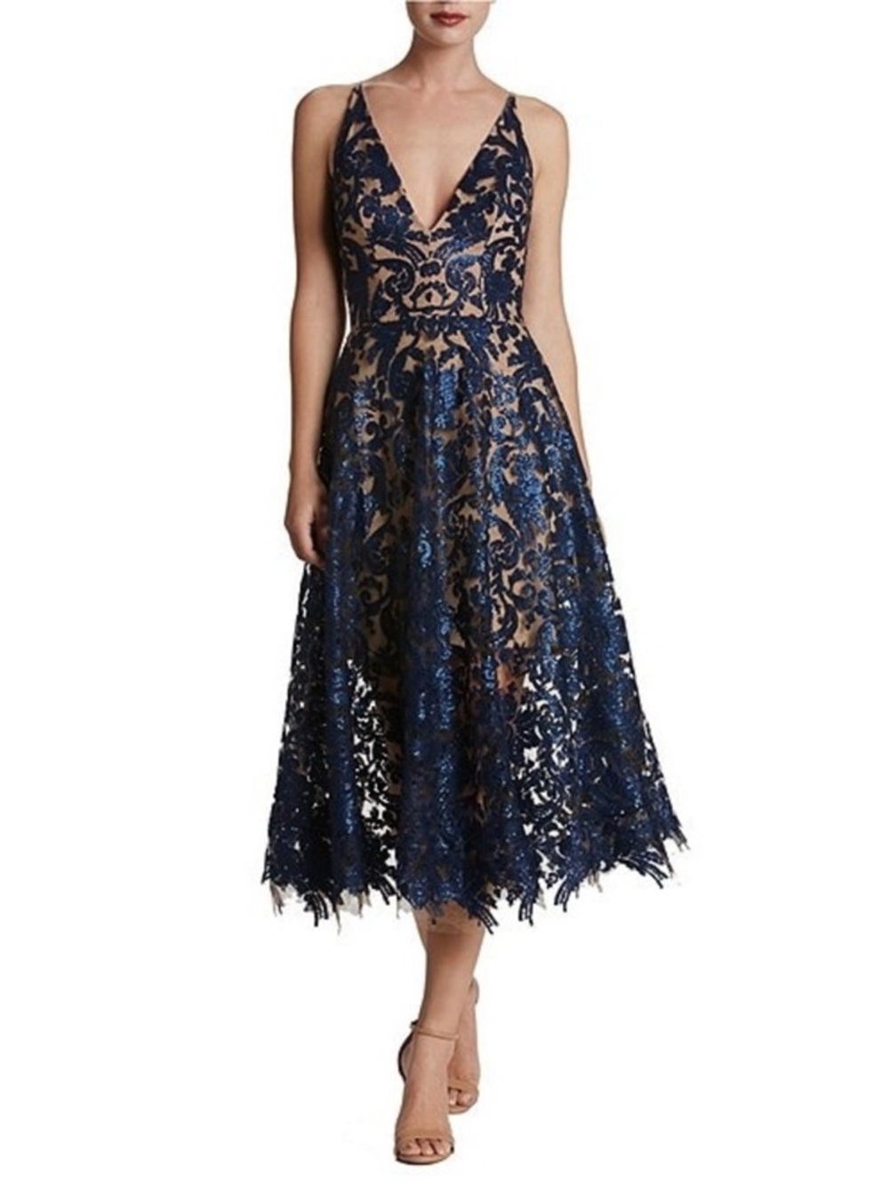 Dress the Population Blair Sequin Fit & Flare Midi Dress Blue/Nude Size S